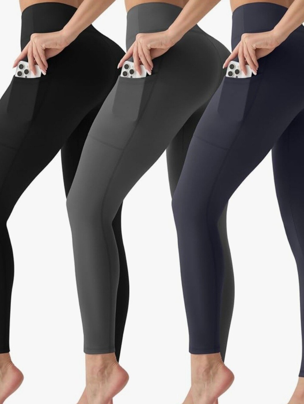 Set Of 7 - High-Rise Pocket Leggings — Black, Charcoal, Red & Navy #1463